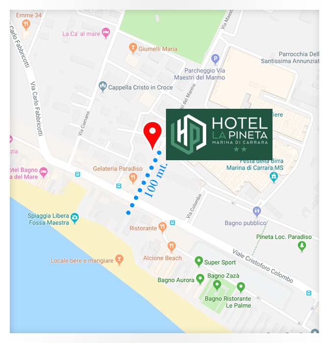 Mappa Google di Hotel La Pineta, distanza dal mare e da Carrara Fiere